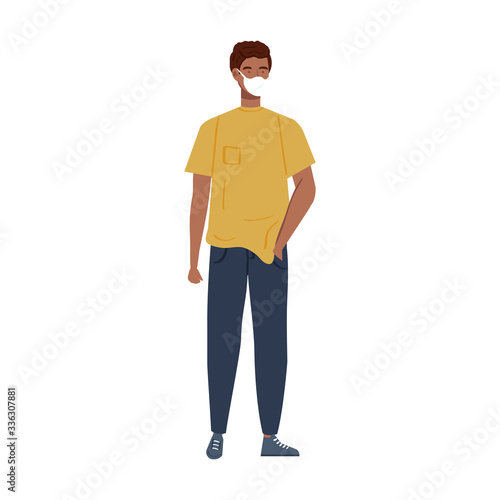 young man afro with face mask isolated icon vector illustration design
