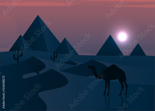 Camels in the desert night  moon  paper art