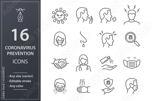 Coronavirus line icons set. Black vector illustration. Editable stroke.
