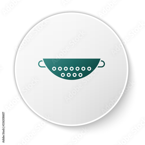 Green Kitchen colander icon isolated on white background. Cooking utensil. Cutlery sign. White circle button. Vector Illustration