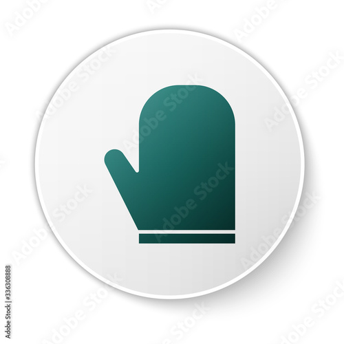 Green Oven glove icon isolated on white background. Kitchen potholder sign. Cooking glove. White circle button. Vector Illustration