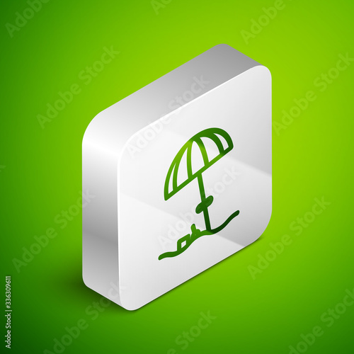 Isometric line Sun protective umbrella for beach icon isolated on green background. Large parasol for outdoor space. Beach umbrella. Silver square button. Vector Illustration