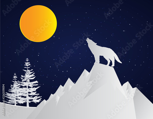 wolf howling at moonlight, Vector illustration concept. paper art