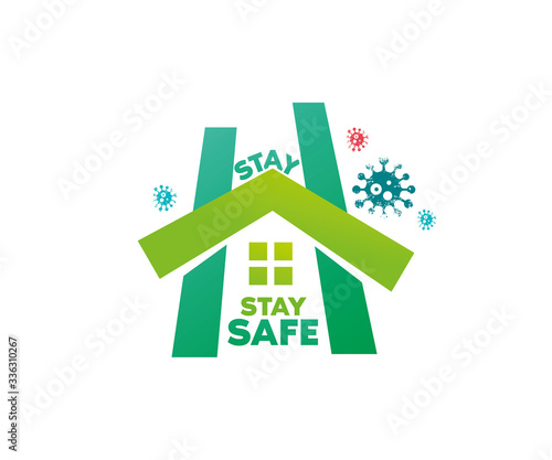Stay home stay safe- typography in a H shape home icon and wandering around virus. That means the home is completely protected from Corona virus. The concept of quarantine and stay at home.