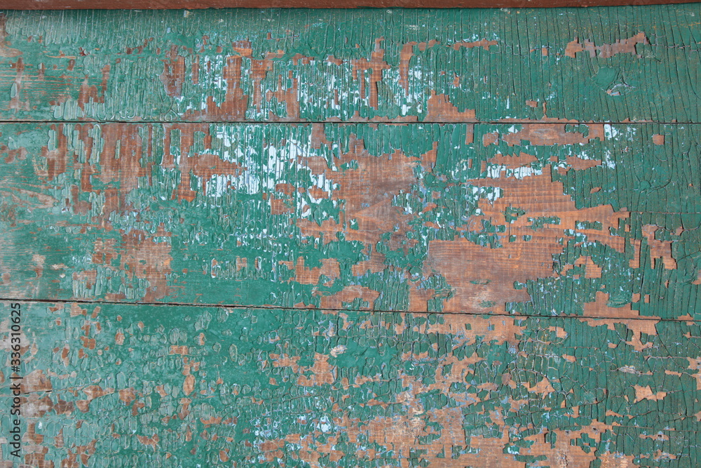 Fototapeta premium green painted wooden wall. the paint peeled off. the paint is cracked. non-residential, abandoned premises