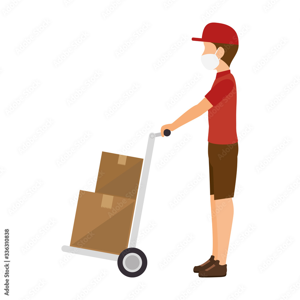 delivery worker using face mask with boxes carton in wheelbarrow vector illustration design delivery worker using face mask with boxes carton in wheelbarrow vector illustration design