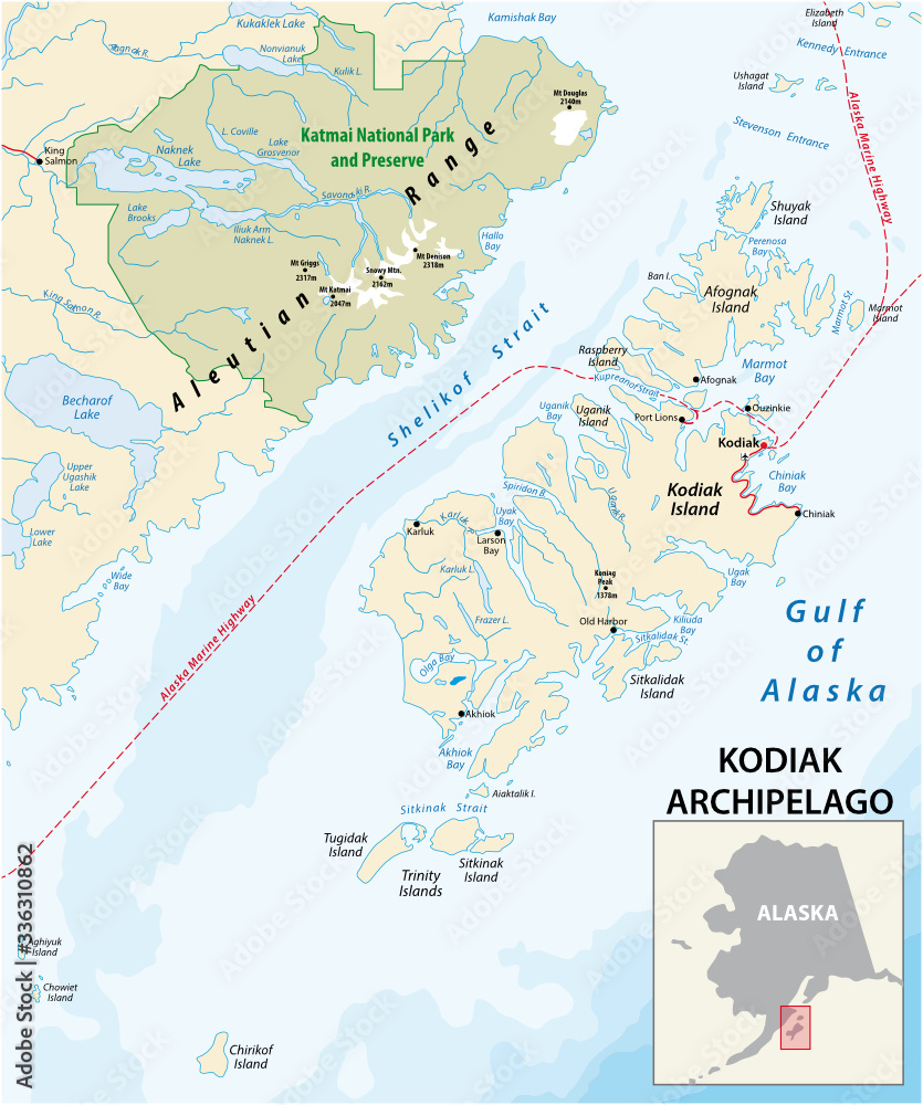 vector map of Kodiak Archipelago belonging to the US state of Alaska ...