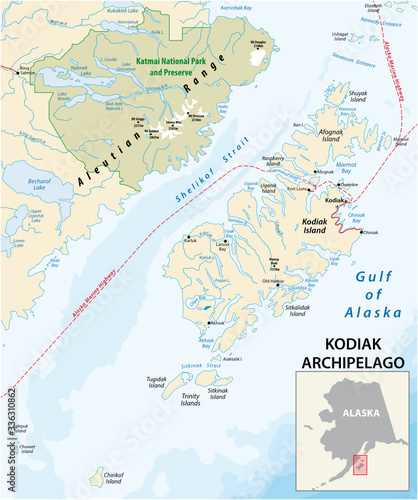 vector map of Kodiak Archipelago belonging to the US state of Alaska photo