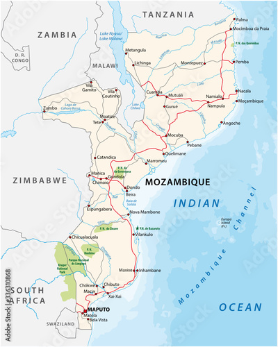 mozambique road and national park vector map