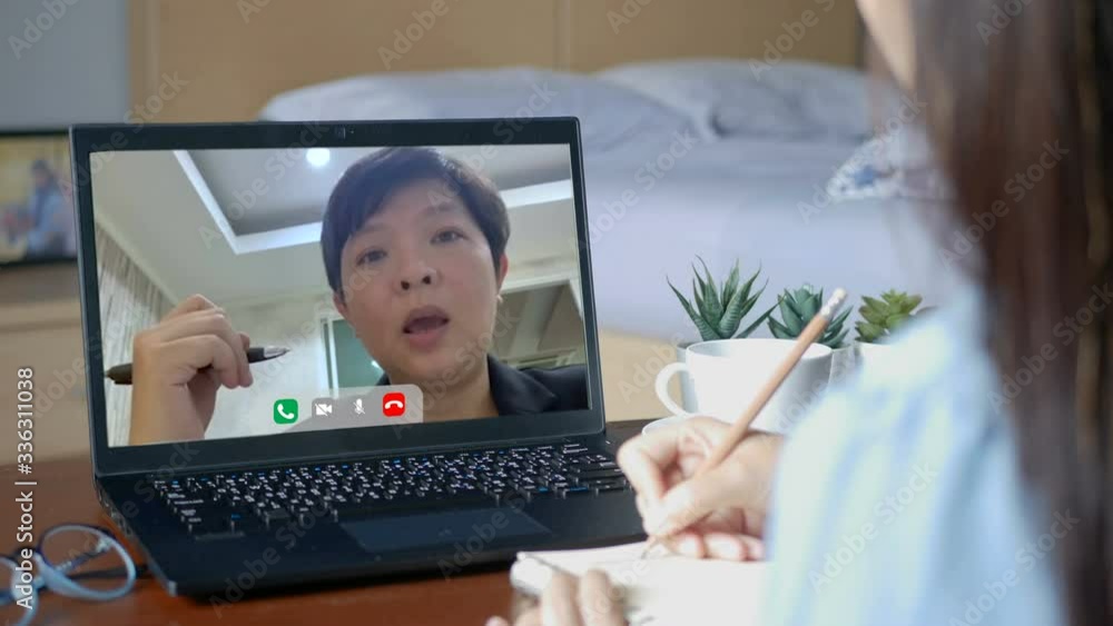 4K. work from home. boss making video conference to order work with employee via laptop computer during home isolation to avoid spreading illness transmission of COVID-19 Coronavirus outbreak. 4K. work from home. boss making video conference to order work with employee via laptop computer during home isolation to avoid spreading illness transmission of COVID-19 Coronavirus outbreak.