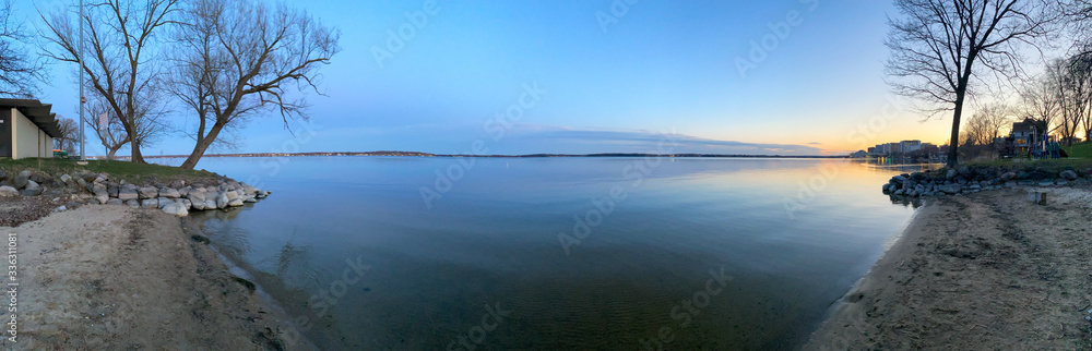 Pano shot of lifeguard view of lake and beach blue hour