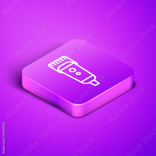 Isometric line Electrical hair clipper or shaver icon isolated on purple background. Barbershop symbol. Purple square button. Vector Illustration