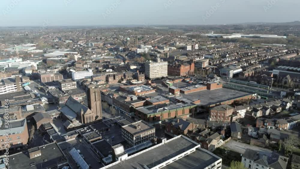 Aerial rising view above quarantine outbreak COVID corona lock down small town Aerial rising view above quarantine outbreak COVID corona lock down small town