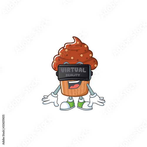 A cartoon mascot of chocolate cupcake enjoying game with Virtual reality headset