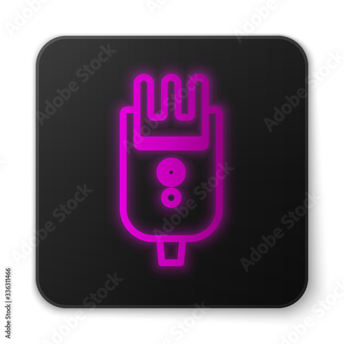 Glowing neon line Electrical hair clipper or shaver icon isolated on white background. Barbershop symbol. Black square button. Vector Illustration
