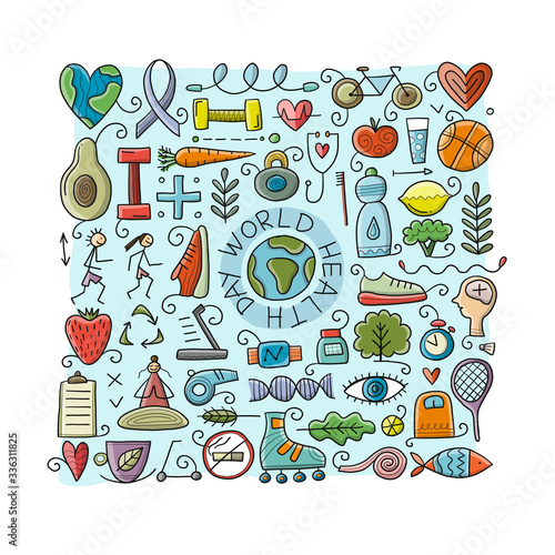 World health day. Concept art with healty lifestyle for your design