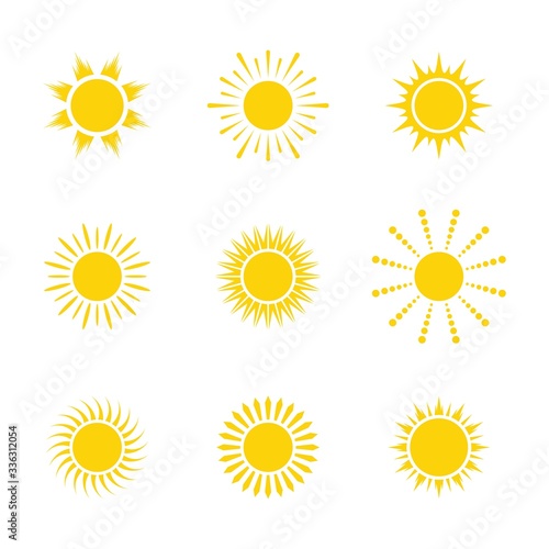 Sun yellow logo vector on white background. Sun design for weather, summer, spring.