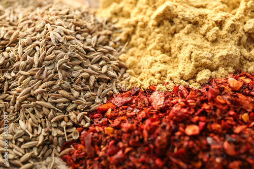 Different spices as background, closeup