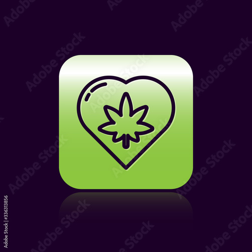 Black line Marijuana leaf in heart shape icon isolated on black background. Hemp symbol. Green square button. Vector Illustration
