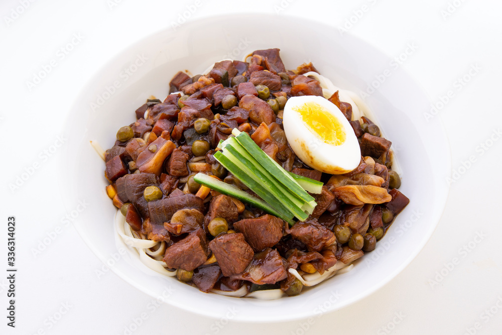 Jajangmyeon, noodle dish topped with black sauce Jajangmyeon, noodle dish topped with black sauce