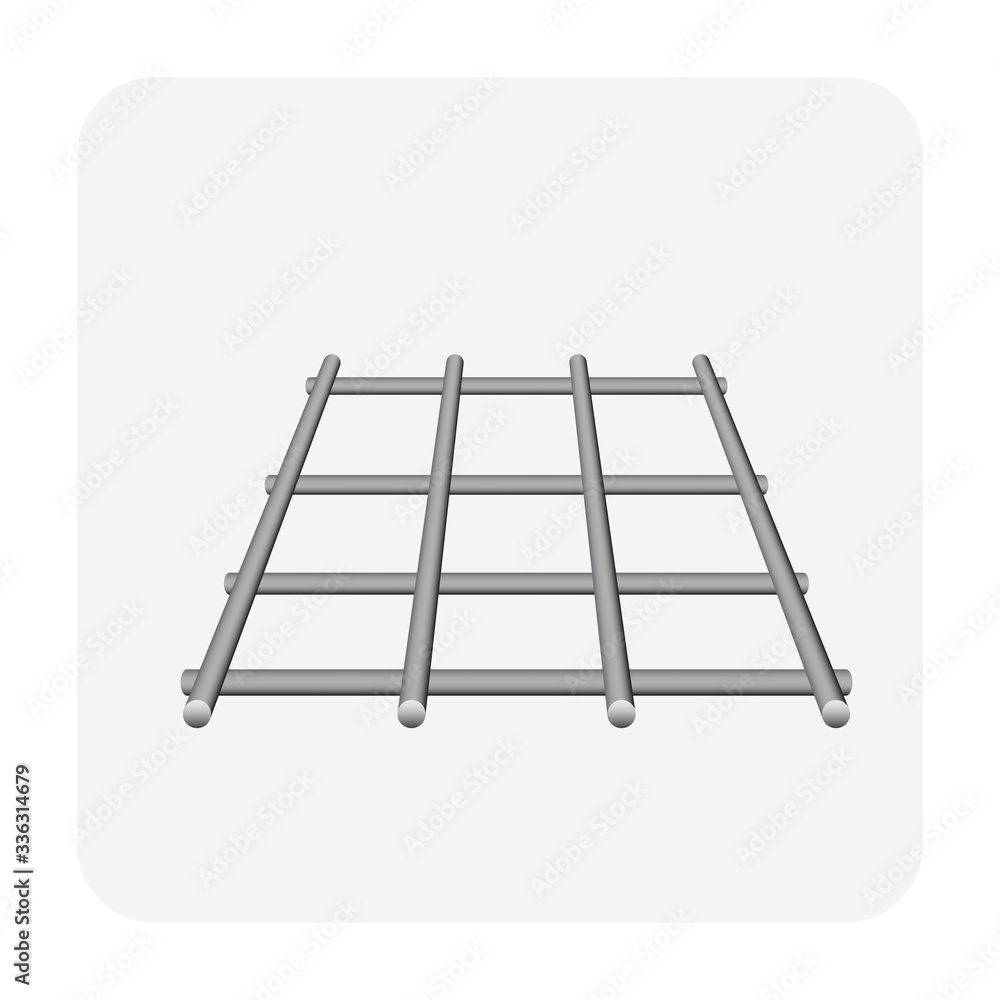 Welded wire mesh or weldmesh metal steel vector icon. That cross wire with spacing by electric fusion welded or prefabricated joined grid. That construction material for reinforcing concrete slab. Welded wire mesh or weldmesh metal steel vector icon. That cross wire with spacing by electric fusion welded or prefabricated joined grid. That construction material for reinforcing concrete slab.