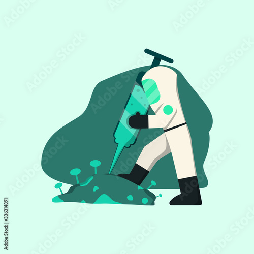 The scientist kill corona virus by vaccine. Flat vector design vaccine for covid-19