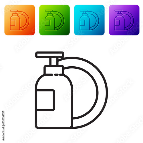 Black line Dishwashing liquid bottle and plate icon isolated on white background. Liquid detergent for washing dishes. Set icons in color square buttons. Vector Illustration