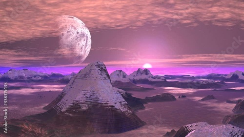 Snowy Mountains Alien Planet. Mountains with snowy peaks stand in the midst of thick fog. In the starry sky, a huge moon and bright sun. Slowly floating clouds. 