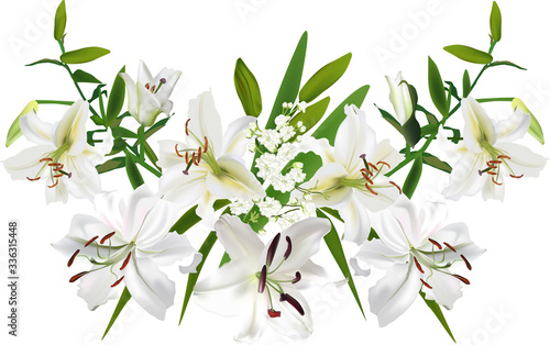 bunch of large white lilies and small flowers