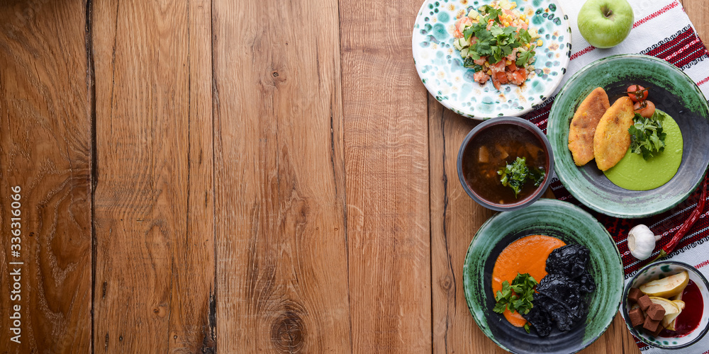 Healthy food. Ukrainian cuisine. Copy space. Healthy dishes and clean eating concept from above. Healthy food. Ukrainian cuisine. Copy space. Healthy dishes and clean eating concept from above.