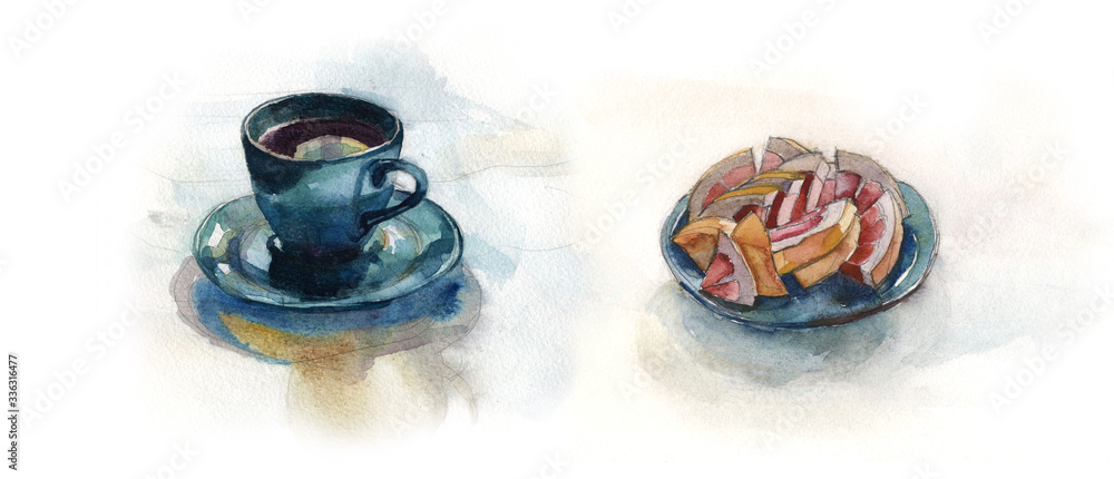 Slices of fresh ruby grapefruit on a green ceramic plate and coffee in a green ceramic cup with a saucer. Still life sketch. Watercolour illustration.
