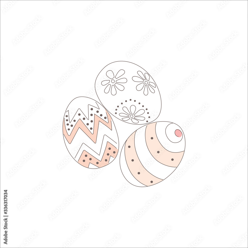 Easter decorated eggs. Doodle eggs painted in different patterns for traditional Easter day spring holiday. Hand drawing icon isolated on white background. Flat vector illustration, editable stroke Easter decorated eggs. Doodle eggs painted in different patterns for traditional Easter day spring holiday. Hand drawing icon isolated on white background. Flat vector illustration, editable stroke