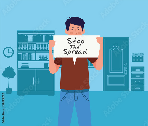 man with stop spread covid19 banner