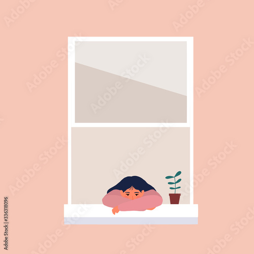 Girl bored at the window because pandemic disease and lockdown cartoon hand drawn style flat vector design human character illustration