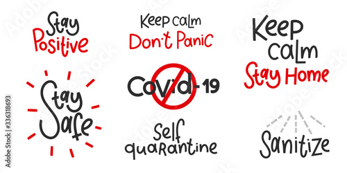 Covid-19 stickers set. Coronavirus lettering. Elements for poster, banners, coffee cups and mug, T-shirt and notebook.