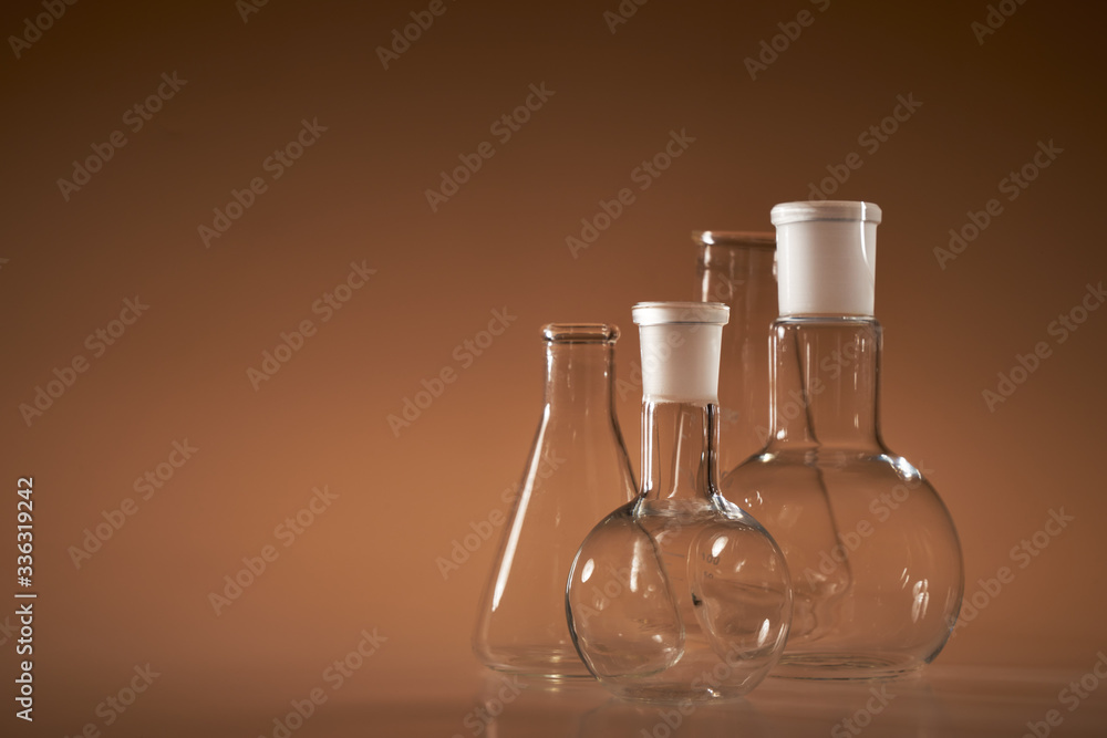 Chemical vessels. Glass flasks. Laboratory utensil. Chemical vessels. Glass flasks. Laboratory utensil.