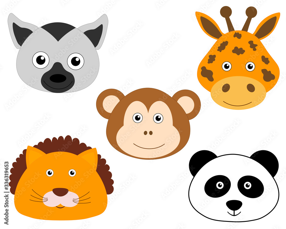 Fototapeta premium Set Cute Animal Face Vector Children Illustration Lemur Monkey Lion Panda Giraffe
