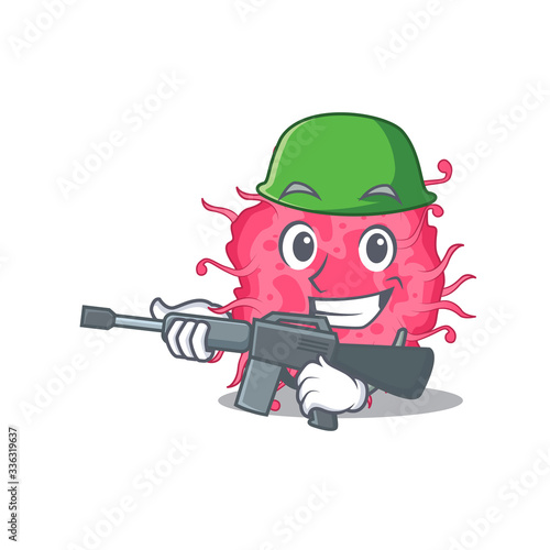 A cartoon picture of pathogenic bacteria in Army style with machine gun
