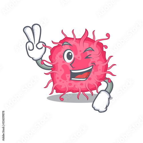Happy pathogenic bacteria cartoon design concept with two fingers © kongvector