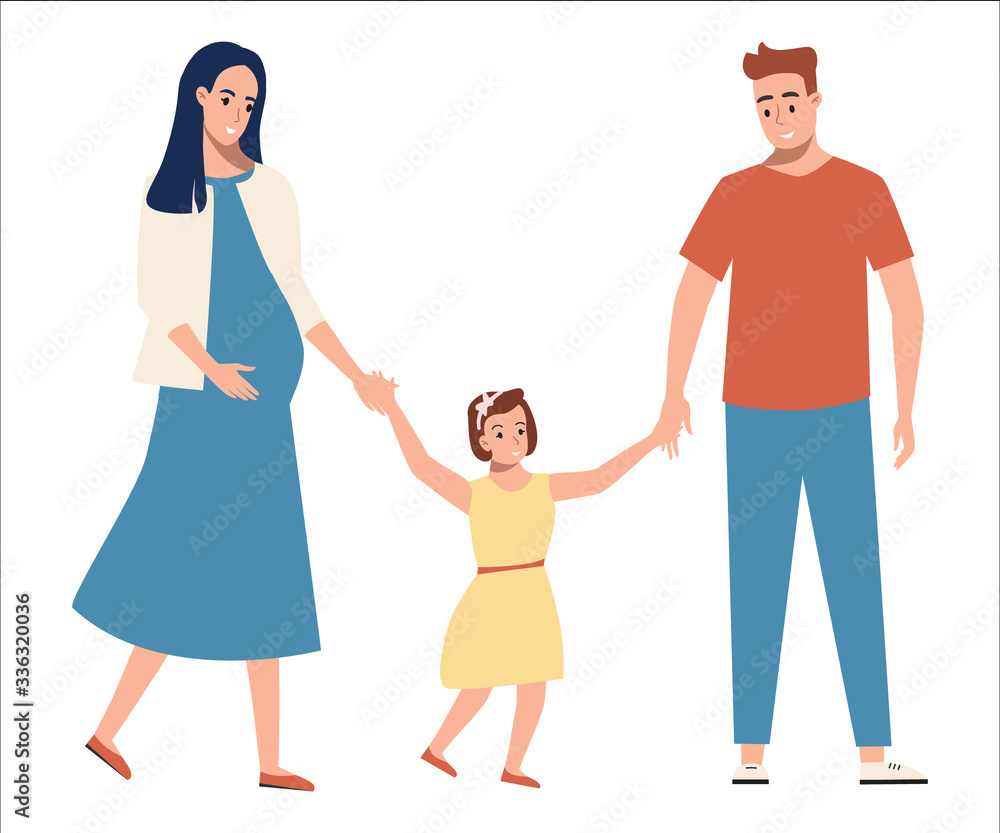 Happy full family with child, expecting a baby.