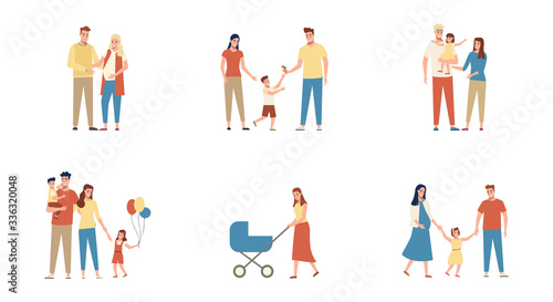 Set of different heterosexual full families with kids, single mother and couple expecting a baby.