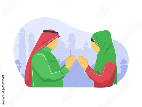 Greeting Namaste Two Arabian People, couple in frame. man and woman wear arabic cloth, hijab. vector illustration.