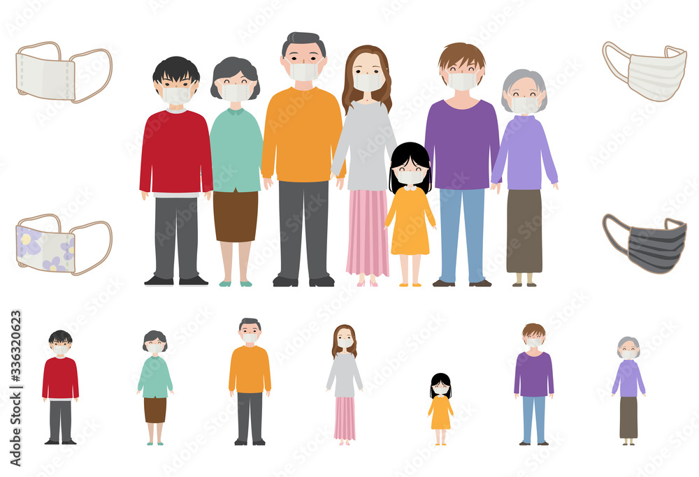 マスクを付けた二世帯の大家族

