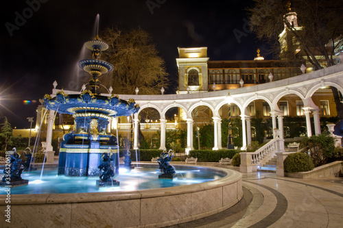 Fountain in the philarmony park in Baku city, Azerbaijan. Philharmonic Fountain Park. Azerbaijan State Philharmonic Hall is the main concert hall in Azerbaijan built in 1912