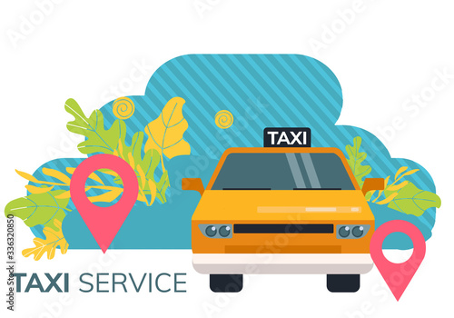  Simple flat illustration for taxi call application. Illustration of a taxi car and geolocation tags 