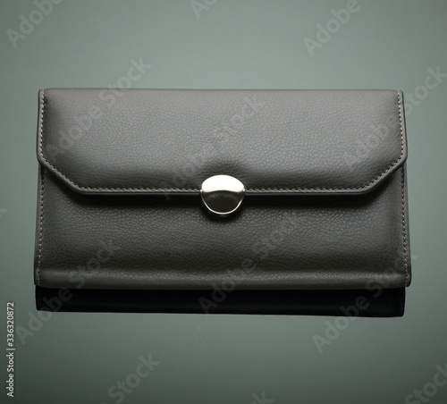 Fashionable designer wallet on a green background