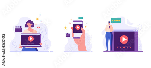 People with mobile phone using and watching streaming service with clapper. Streaming cinema concept. Set of video marketing, online cinema. Vector illustration for UI, web banner, mobile app
