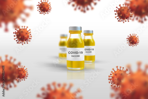 Realistic 3D vector illustration of vaccine for corona viruses cells template background. Novel Coronavirus (2019-nCoV)