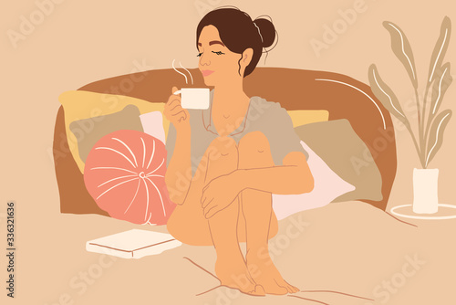 Cute woman with a coffee cup at cozy home atmosphere. Home comfort concept. Colorful vector illustration in flat cartoon style