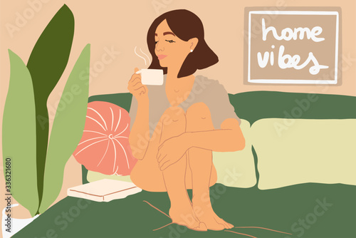 Cute woman with a coffee cup at cozy home atmosphere. Home comfort concept. Colorful vector illustration in flat cartoon style